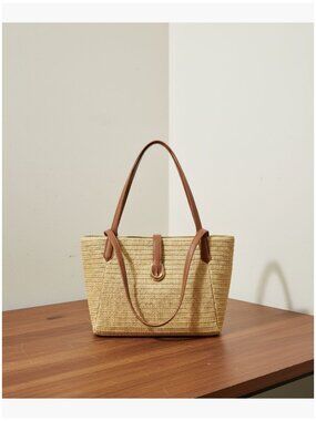 Straw Tote Bag with Leather Handles, Woven Raffia Summer Beach Bag